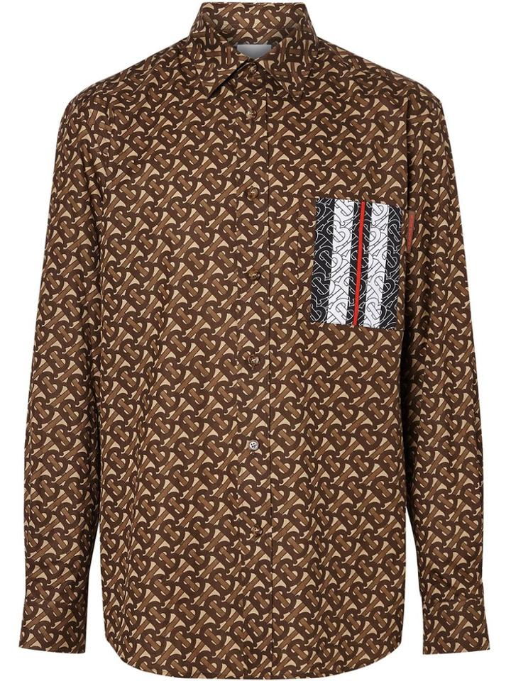 Burberry Monogram Stripe Print Cotton Shirt - Brown
