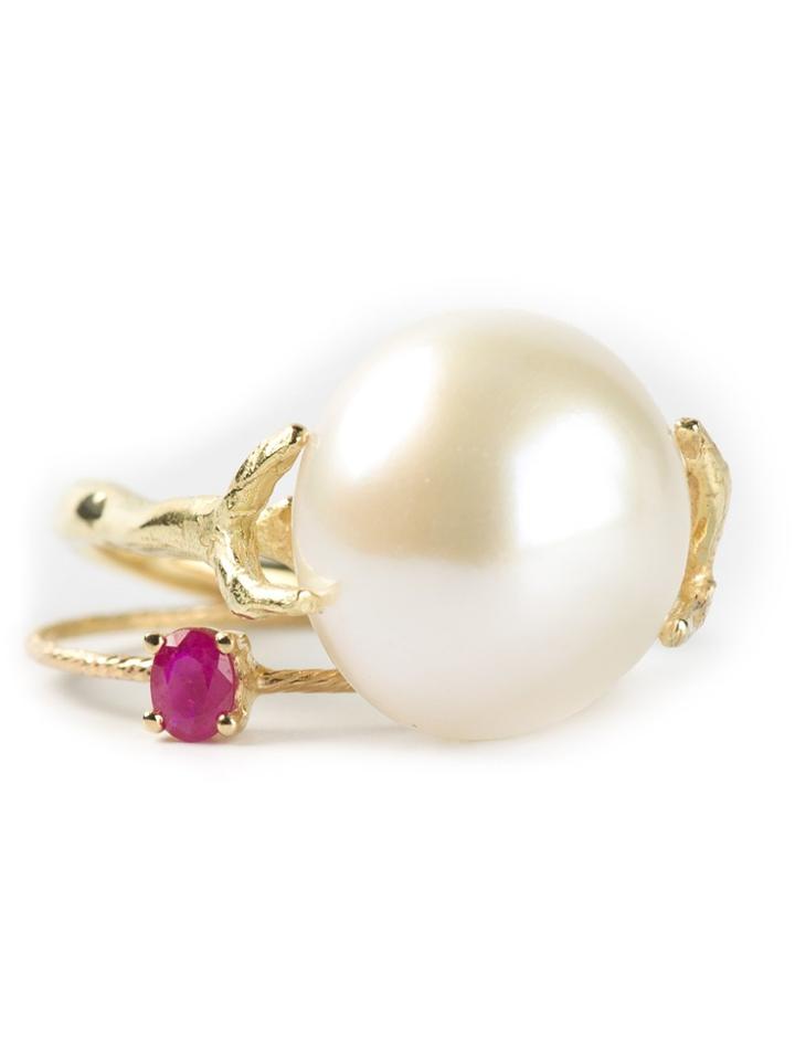 Wouters & Hendrix Gold Pearl & Ruby Set Of Rings - Metallic