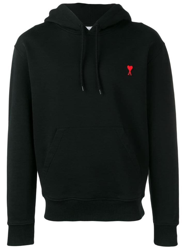 Ami Paris Hoodie With Red Ami De Coeur Patch - Black