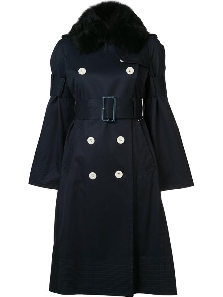 Sacai Fur Collar Trenchcoat, Women's, Size: 2, Blue, Cotton/cupro/lamb Fur