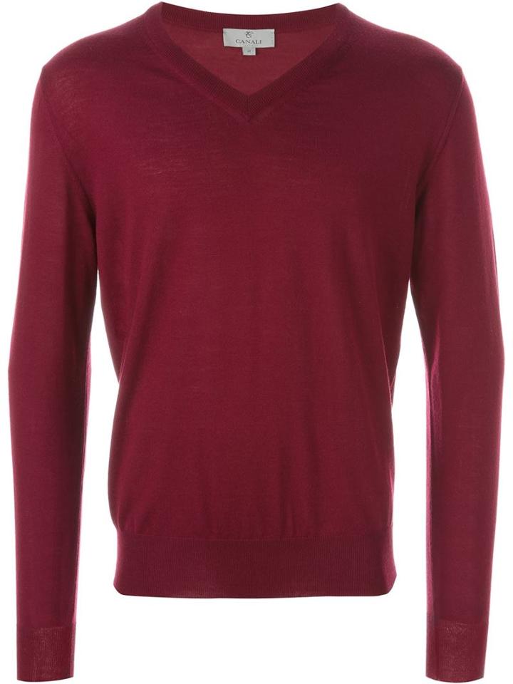 Canali V-neck Sweater, Men's, Size: 54, Red, Merino