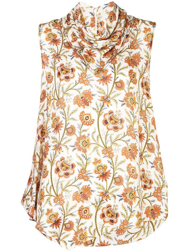 Derek Lam Floral Print Scarf Neck Handkerchief Blouse - White