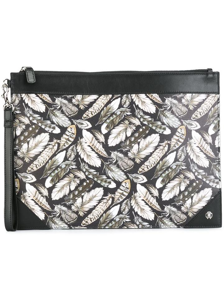 Roberto Cavalli Feather Print Pouch, Men's, Black, Leather