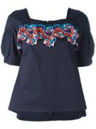Peter Pilotto - Ruffle Neck Lace Insert Blouse - Women - Cotton/polyamide/polyester/spandex/elastane - 10, Blue, Cotton/polyamide/polyester/spandex/elastane