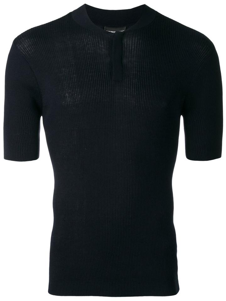 Emporio Armani Ribbed Henley T-shirt, Men's, Size: 48, Blue, Silk/cotton