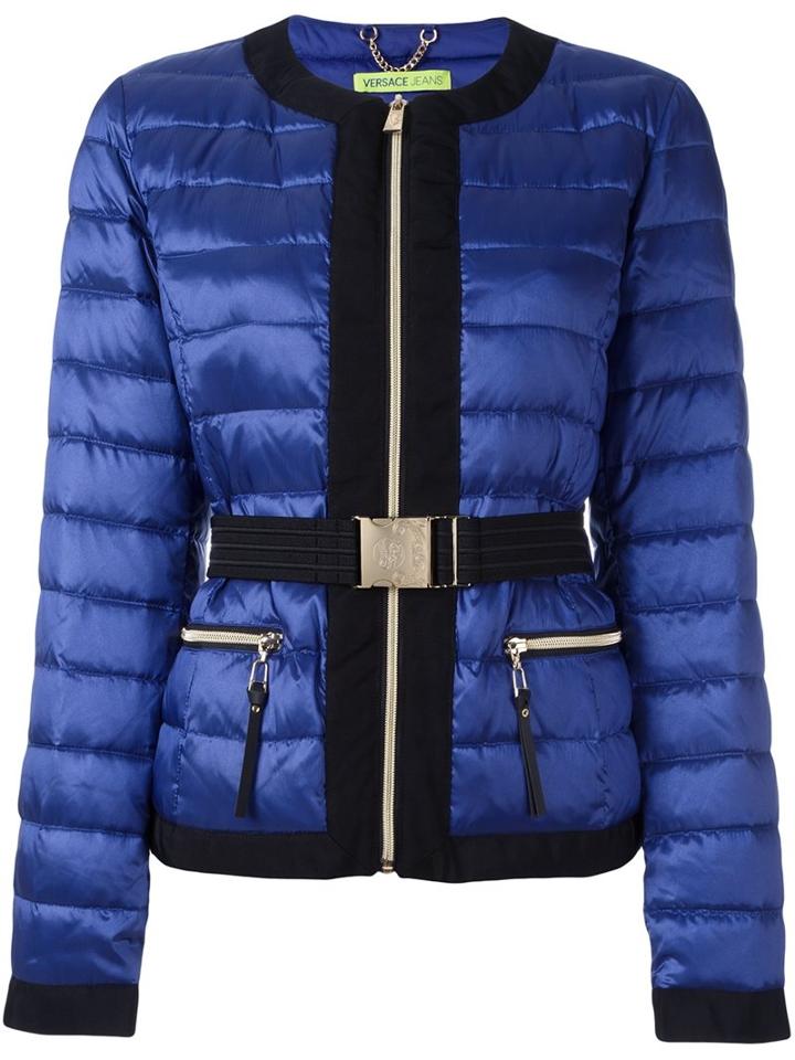 Versace Jeans Belted Cropped Puffer Jacket, Women's, Size: 46, Blue, Feather Down/polyamide/polyester