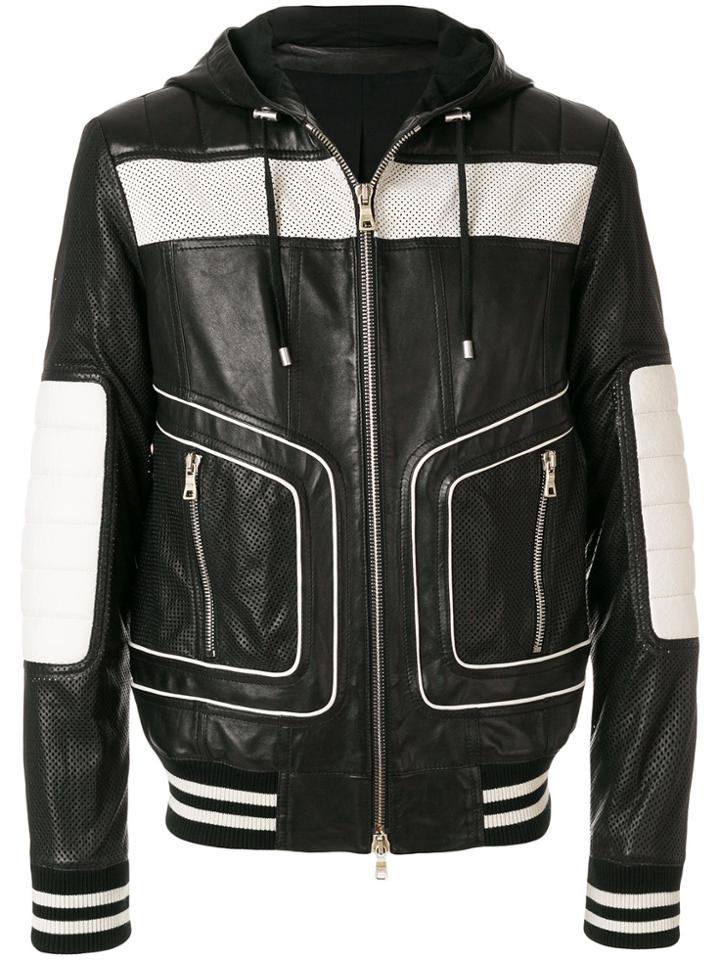 Balmain Colour-block Hooded Biker Jacket - Black
