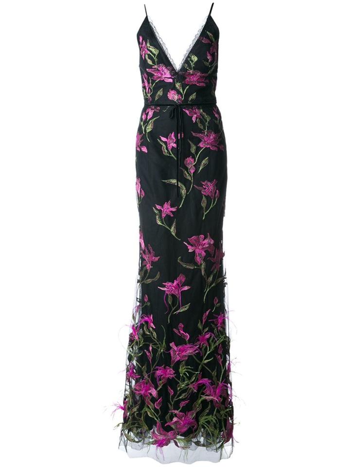 Marchesa Notte Long Embroidered Floral Dress - Black