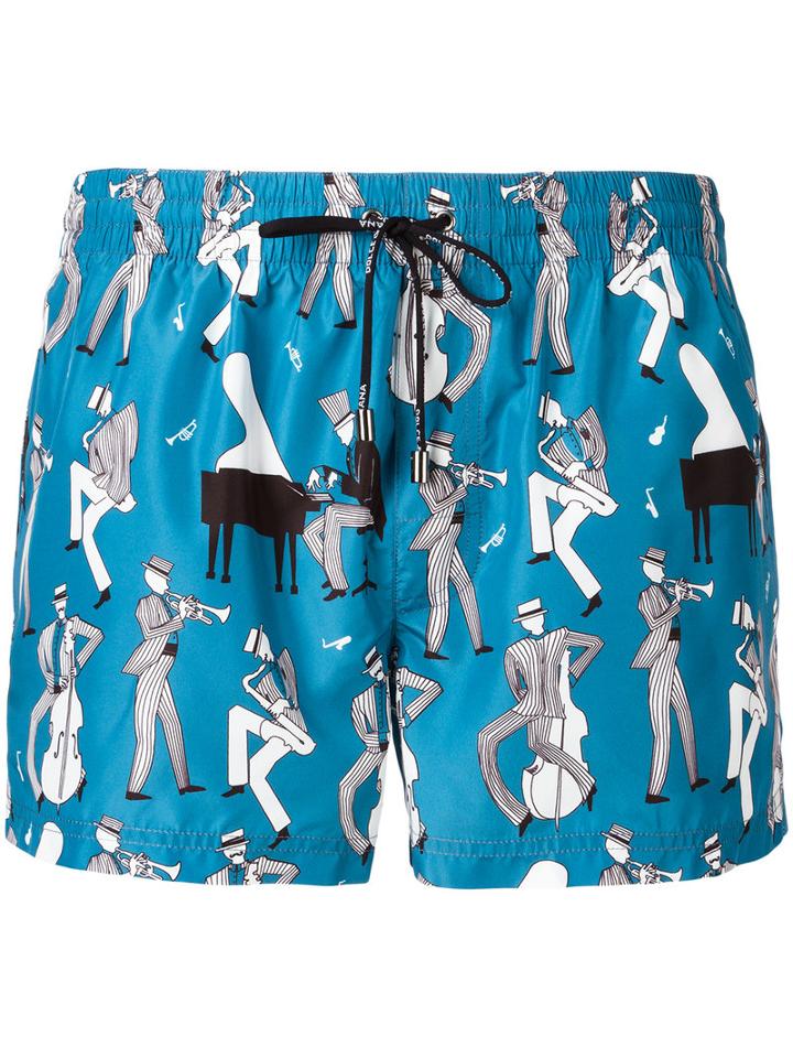 Dolce & Gabbana Jazz Musicians Print Swim Shorts, Men's, Size: 2, Blue, Polyester