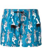 Dolce & Gabbana Jazz Musicians Print Swim Shorts, Men's, Size: 2, Blue, Polyester