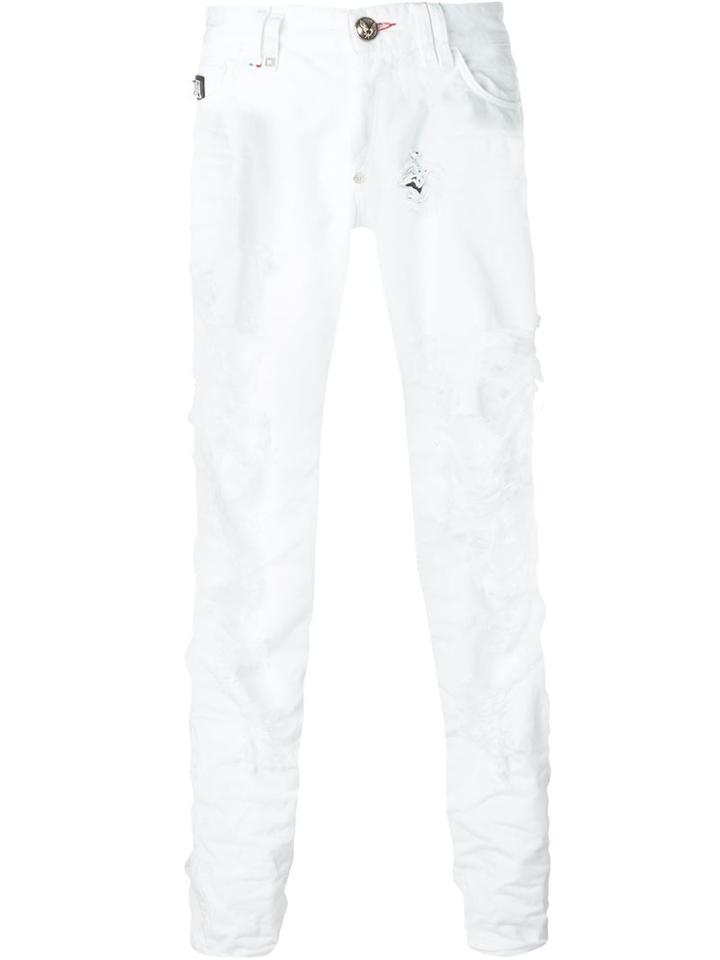 Philipp Plein Distressed Straight Leg Jeans, Men's, Size: 33, White, Cotton/polyester