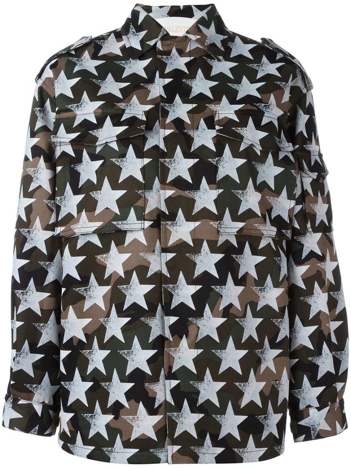 Valentino Star Print Military Jacket, Women's, Size: 42, White, Cotton