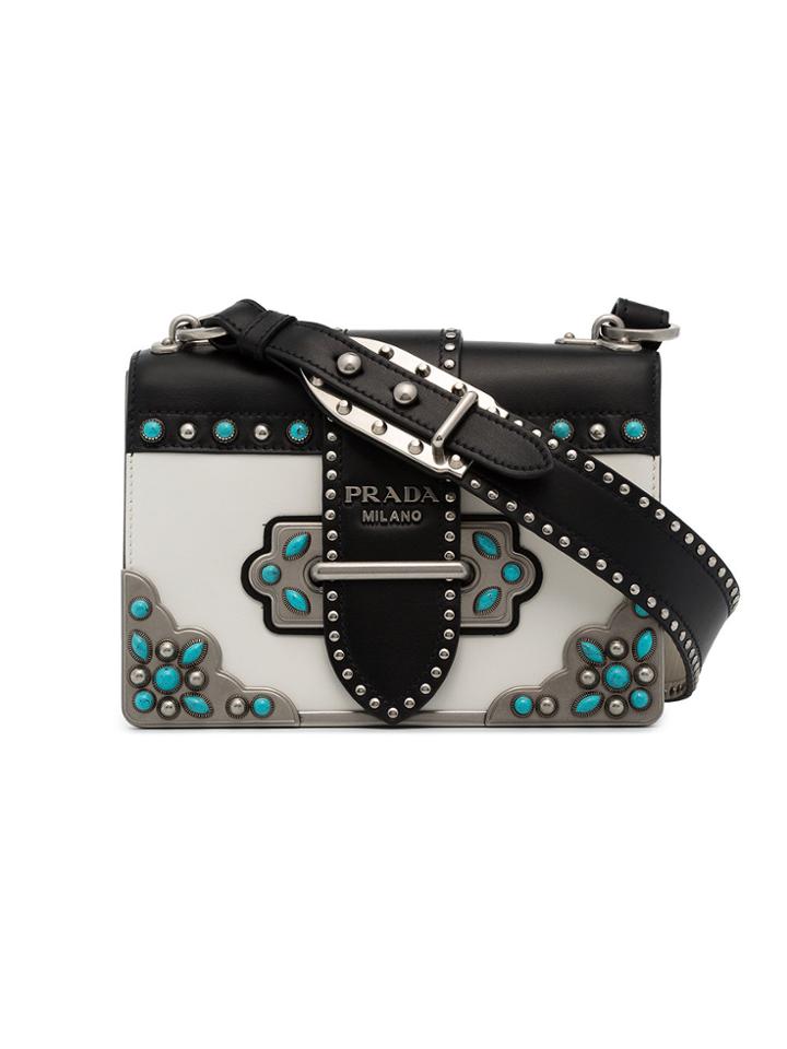 Prada Black And White Cahier Folk Mini Stud Leather Bag