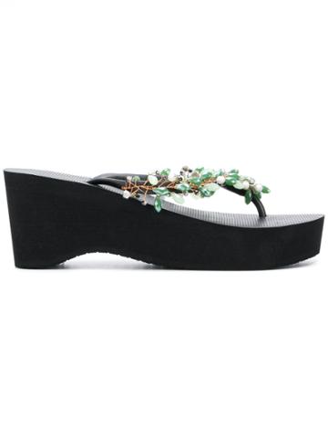 Uzurii Wedge Flip Flops With Embellished Straps - Black