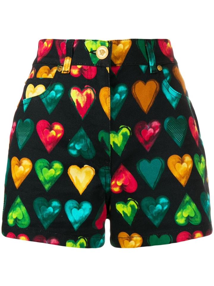 Versace Heart Print Denim Shorts - Black