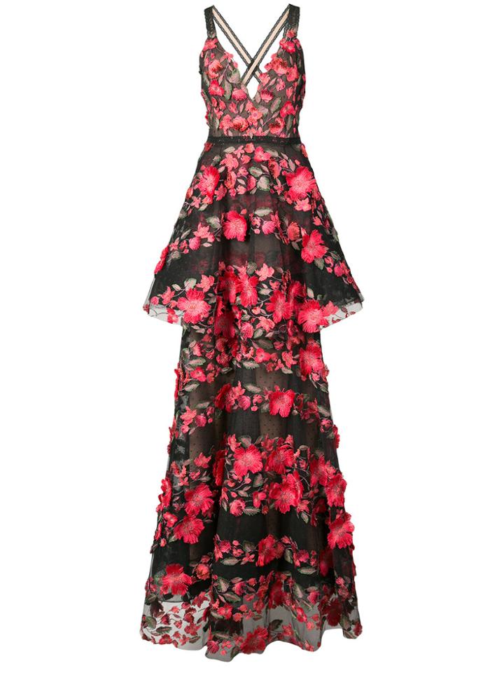 Marchesa Notte Floral Appliqué Peplum Gown - Black