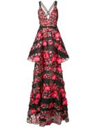 Marchesa Notte Floral Appliqué Peplum Gown - Black