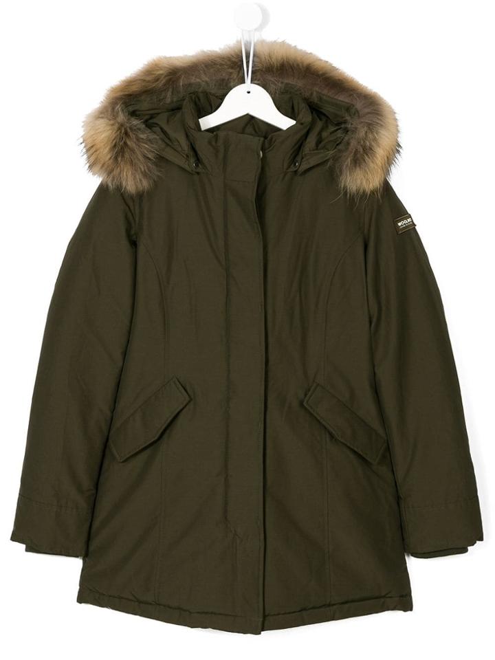 Woolrich Kids Parka Coat With Fur Trimmed Hood - Green