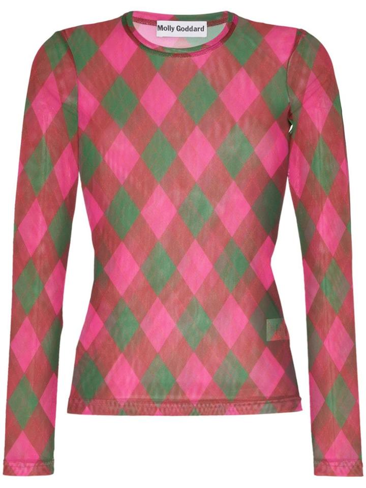 Molly Goddard Freddie Argyle Mesh Top - Green/magenta