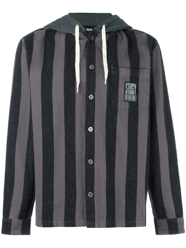 Stussy Buttoned Striped Hoodie, Men's, Size: Large, Black, Cotton