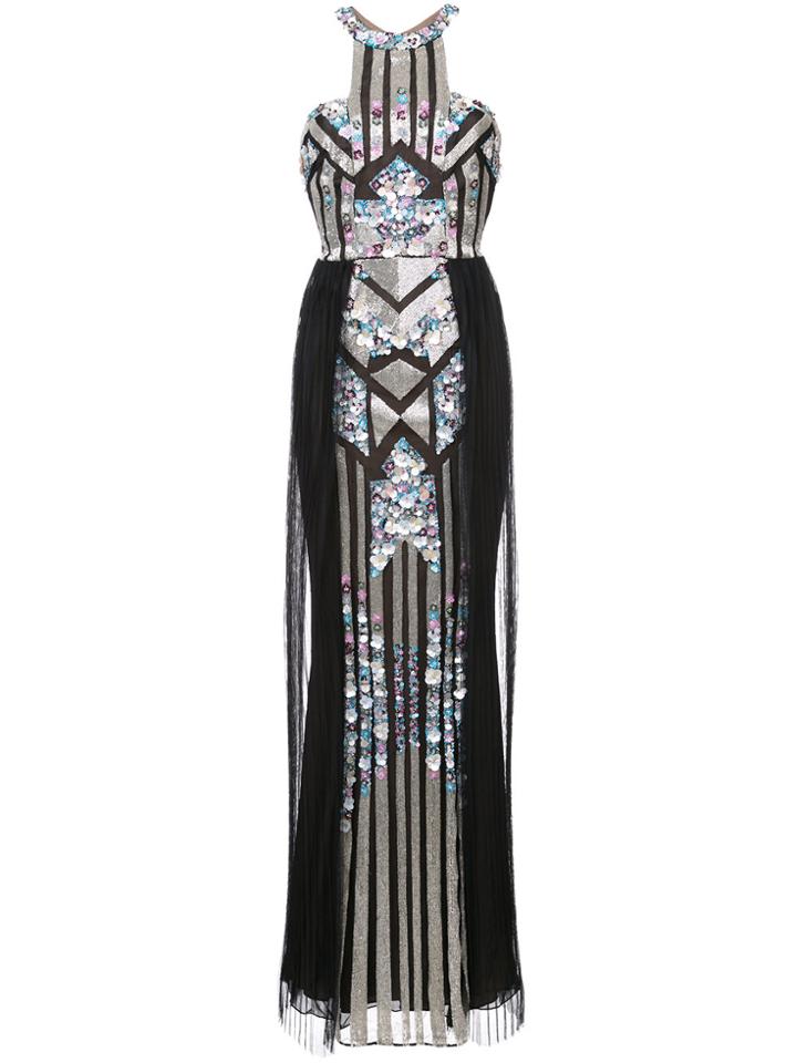 Marchesa Notte Pleated Sequined Column Gown - Black