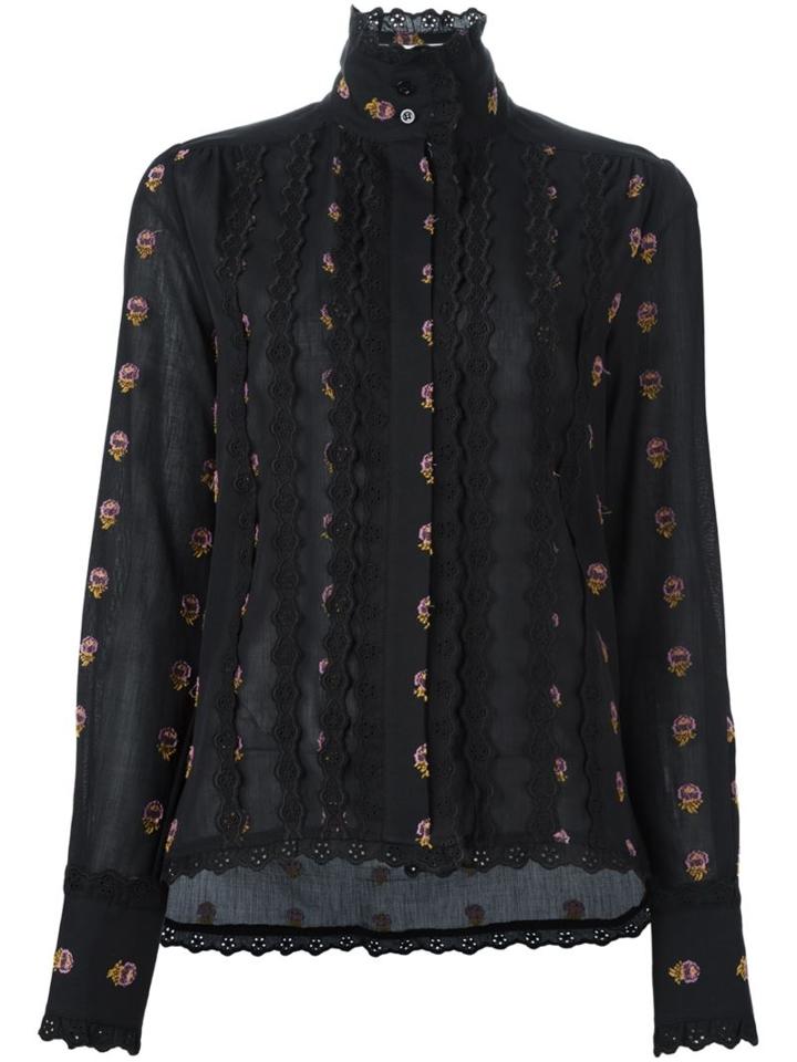 See By Chloé Embroidered Trim Floral Shirt, Women's, Size: 40, Black, Cotton
