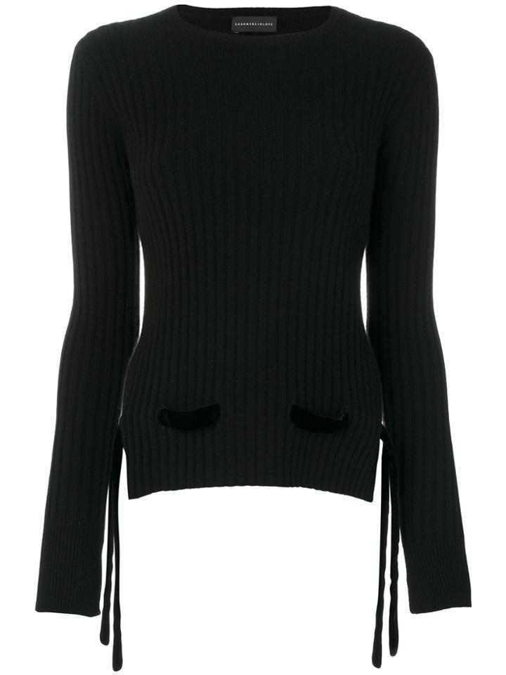 Cashmere In Love Ribbed Cashmere Sweater With Velvet Belt - Black