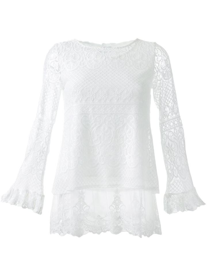 Guild Prime - Lace Overlay Ruffle Sleeve Shirt - Women - Rayon - 34, White, Rayon