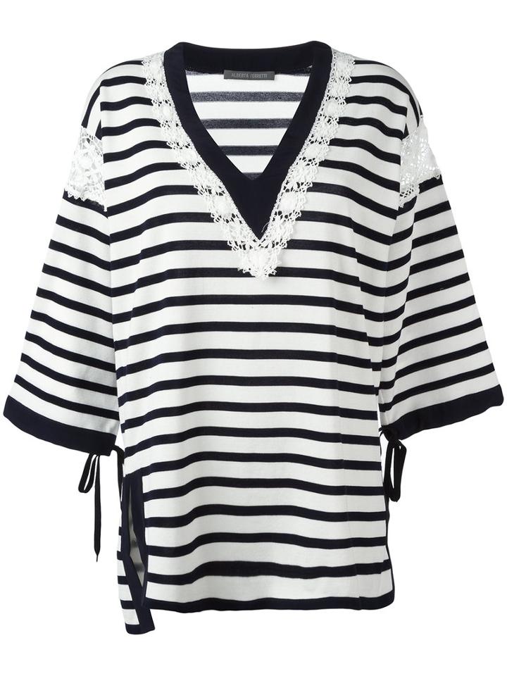 Alberta Ferretti Striped V-neck Jumper, Size: 40, White, Cotton/acetate/silk/other Fibers