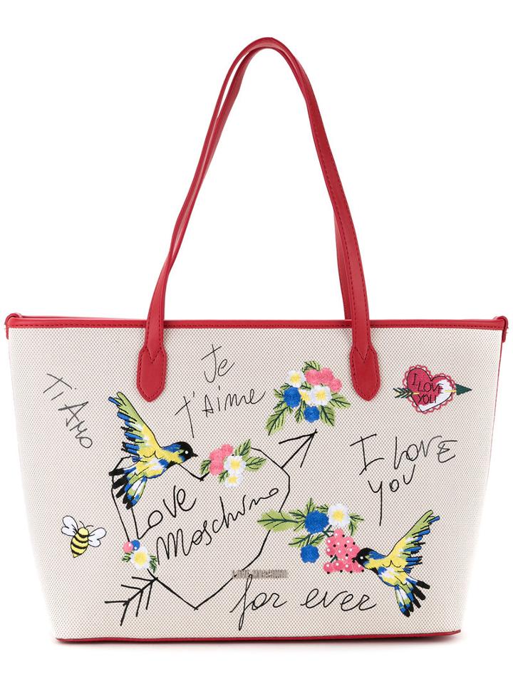 Love Moschino - Bird Embroidered Shoulder Bag - Women - Cotton/linen/flax/polyurethane - One Size, White, Cotton/linen/flax/polyurethane