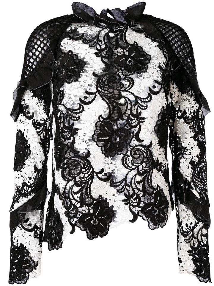 Self-portrait - Ruffled Floral Lace Blouse - Women - Polyester - 14, Black, Polyester