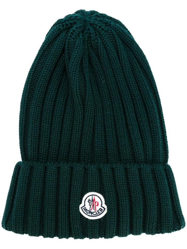 Moncler Ribbed Beanie Hat, Women's, Green, Virgin Wool