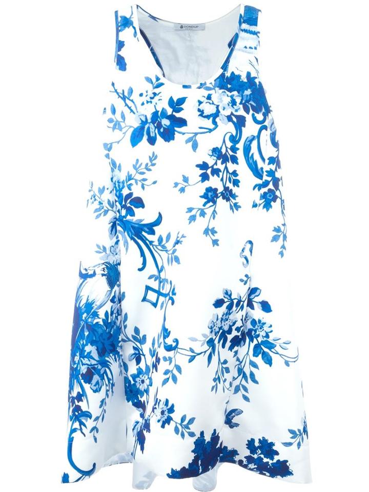 Dondup Flared Floral Print Dress, Women's, Size: 44, White, Polyester/cotton