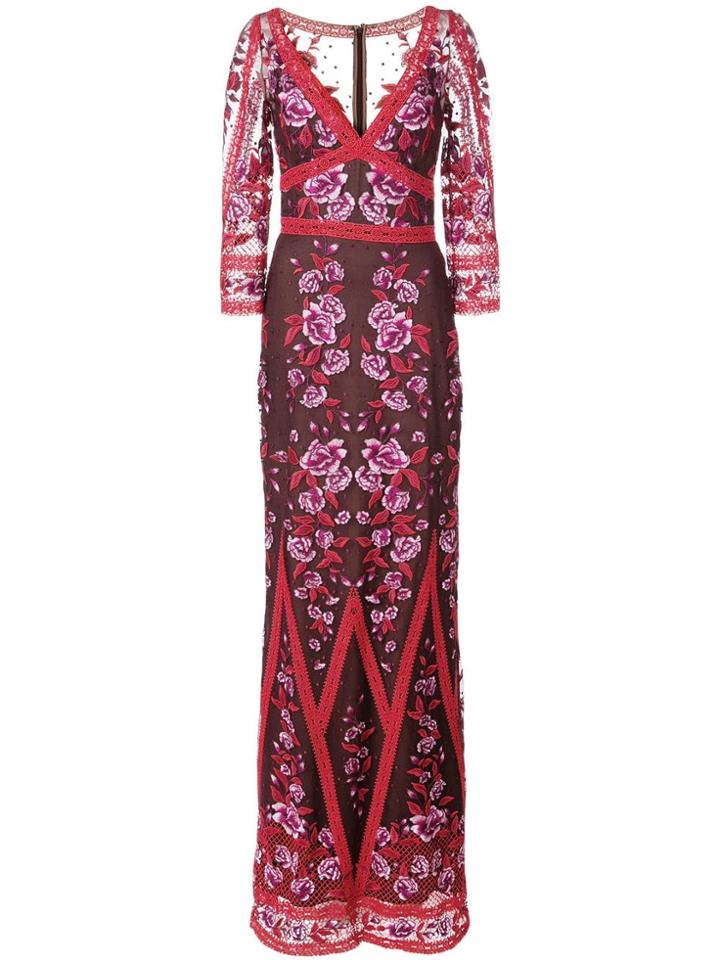 Marchesa Notte Fitted Floral Embroidered Mesh Gown