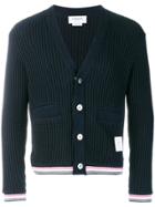 Thom Browne Oxford Stripe Chunky Waffle Knit V-neck Cardigan -