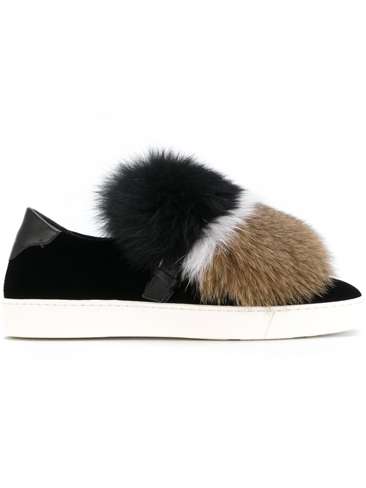 Santoni Striped Fur Slippers - Black