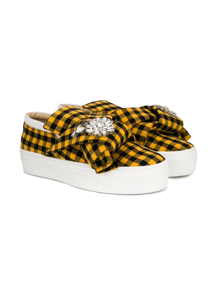 No21 Kids Plaid Flat Bow Brooch Sneakers - Yellow & Orange