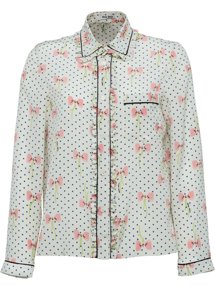 Miu Miu Crêpe De Chine Bow Print Shirt - White