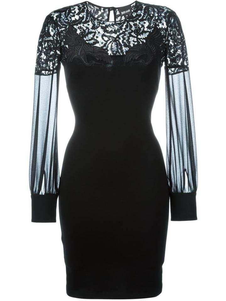 Just Cavalli Lace Panel Fitted Dress, Women's, Size: 38, Black, Viscose/spandex/elastane/polyamide/polyester