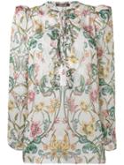Roberto Cavalli - Lace-up Neck Floral Blouse - Women - Silk/polyamide - 40, White, Silk/polyamide