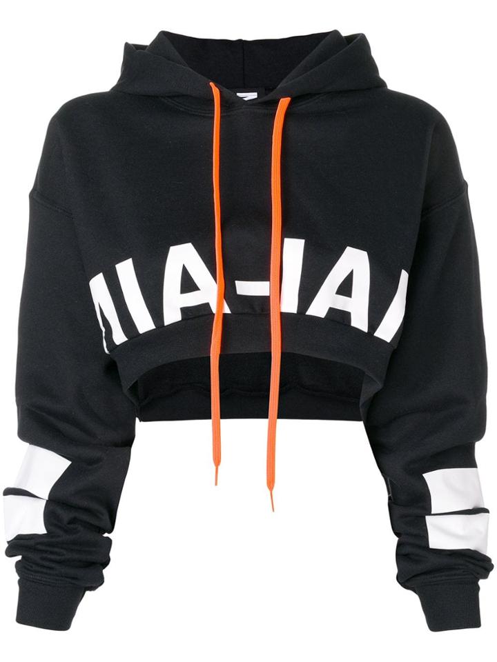 Mia-iam Cropped Logo Print Hoodie - Black