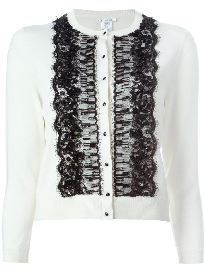 Oscar De La Renta Embellished Lace Panel Cardigan, Women's, Size: Xl, White, Silk/nylon/viscose/virgin Wool