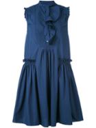 Moncler - Ruffle Shift Dress - Women - Cotton - 42, Blue, Cotton