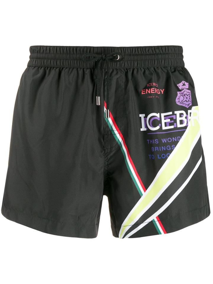 Iceberg Printed Drawstring Swim Shorts - Black