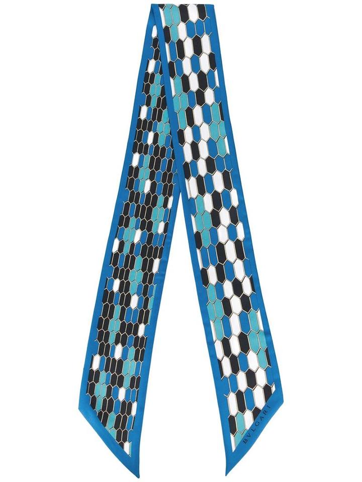 Bulgari Geometric Print Skinny Scarf, Women's, Blue, Silk