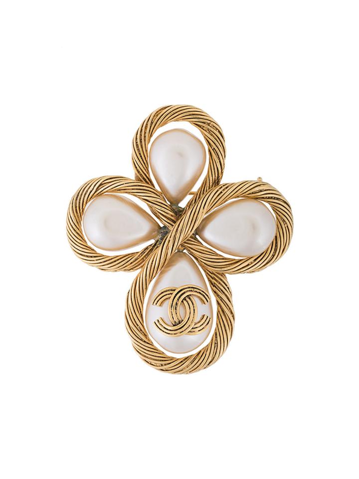 Chanel Vintage Pearl Clover Brooch - Metallic