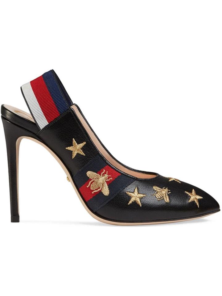 Gucci Embroidered Leather Web Slingback Pump - Black