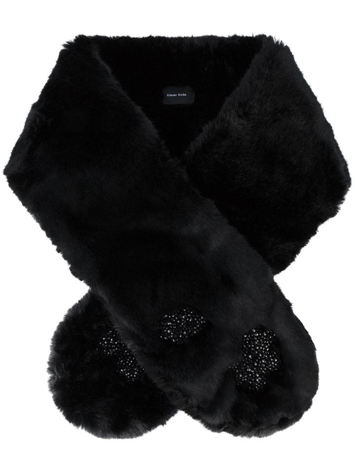 Simone Rocha Faux Fur Floral Beaded Scarf - Black