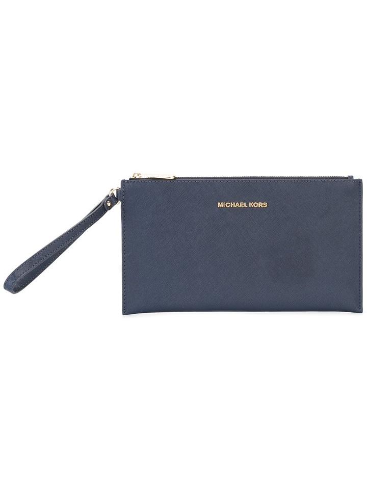 Logo Zip Clutch - Women - Leather - One Size, Blue, Leather, Michael Michael Kors