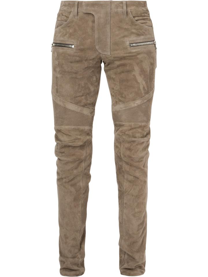 Balmain Biker Trousers, Men's, Size: 46, Brown, Cotton/lamb Skin